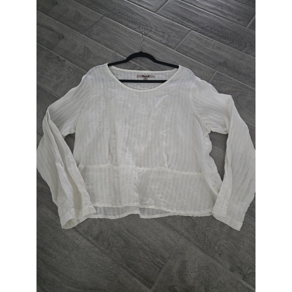 FLAX‎ White 100% Linen Long Sleeve Peplum Blouse Scoop Neck Textured Top Medium